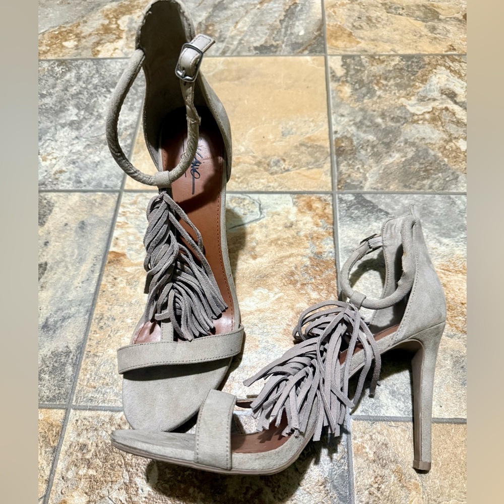 Gray Fringe High Heel Sandals
